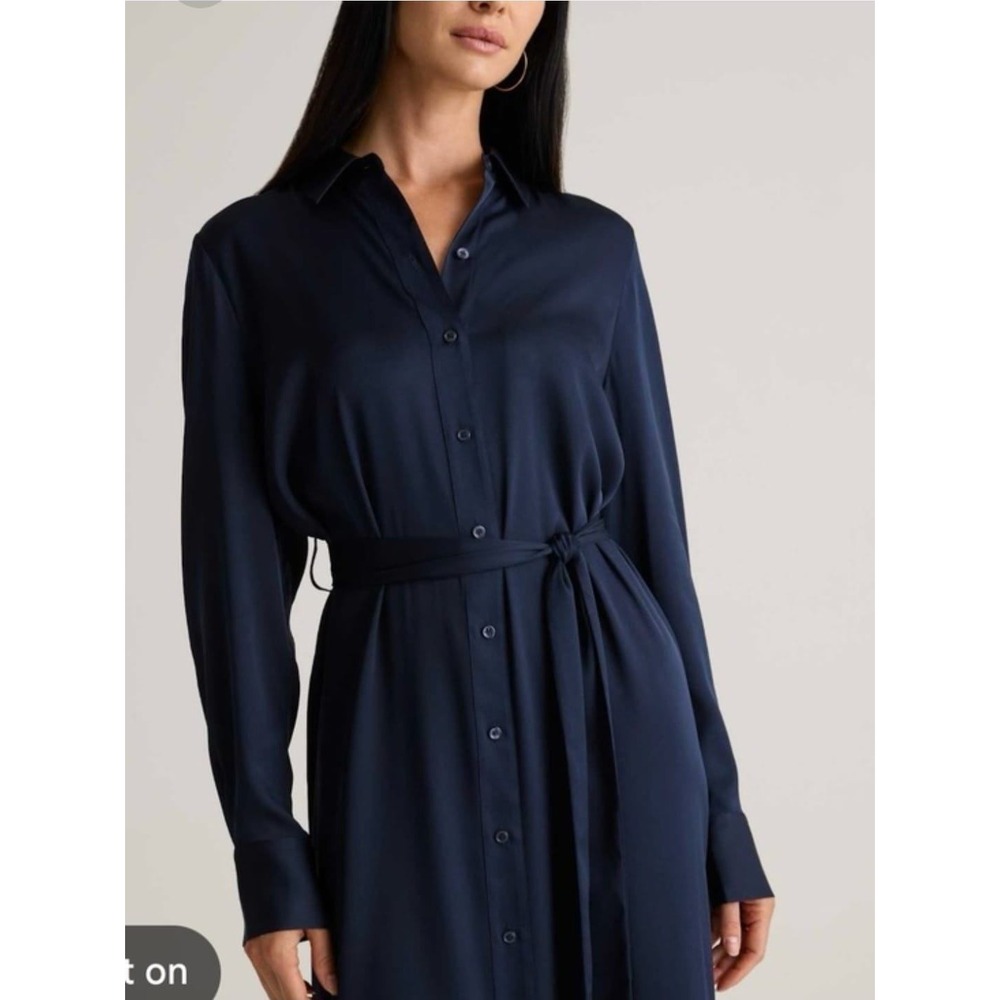 Quince Navy Blue Silk Stretch Shirt Dress Long Sleeve Belted Mini Size S